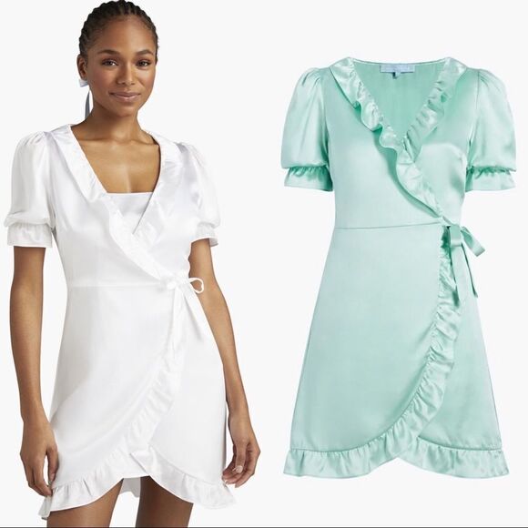 Hill House the Nima Silk Wrap Mini Dress in Mint size L - Picture 3 of 12